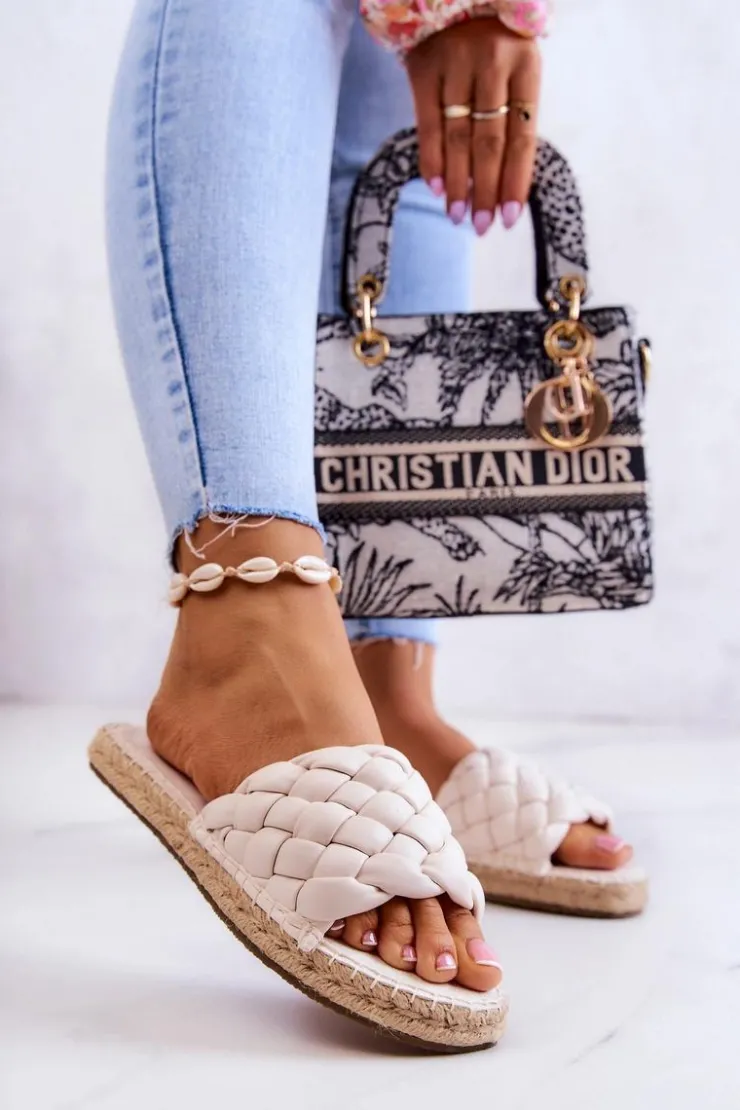 Big Star Shoes Klapki Damskie Big Star|Klapki Damskie Klasyczne*Skórzane Plecione Klapki Big Star JJ274922 Beżowe