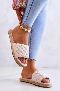 Big Star Shoes Klapki Damskie Big Star|Klapki Damskie Klasyczne*Skórzane Plecione Klapki Big Star JJ274922 Beżowe