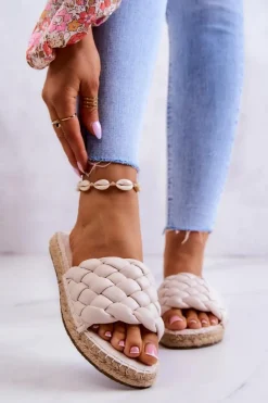 Big Star Shoes Klapki Damskie Big Star|Klapki Damskie Klasyczne*Skórzane Plecione Klapki Big Star JJ274922 Beżowe