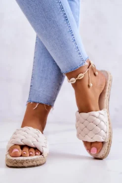 Big Star Shoes Klapki Damskie Big Star|Klapki Damskie Klasyczne*Skórzane Plecione Klapki Big Star JJ274922 Beżowe