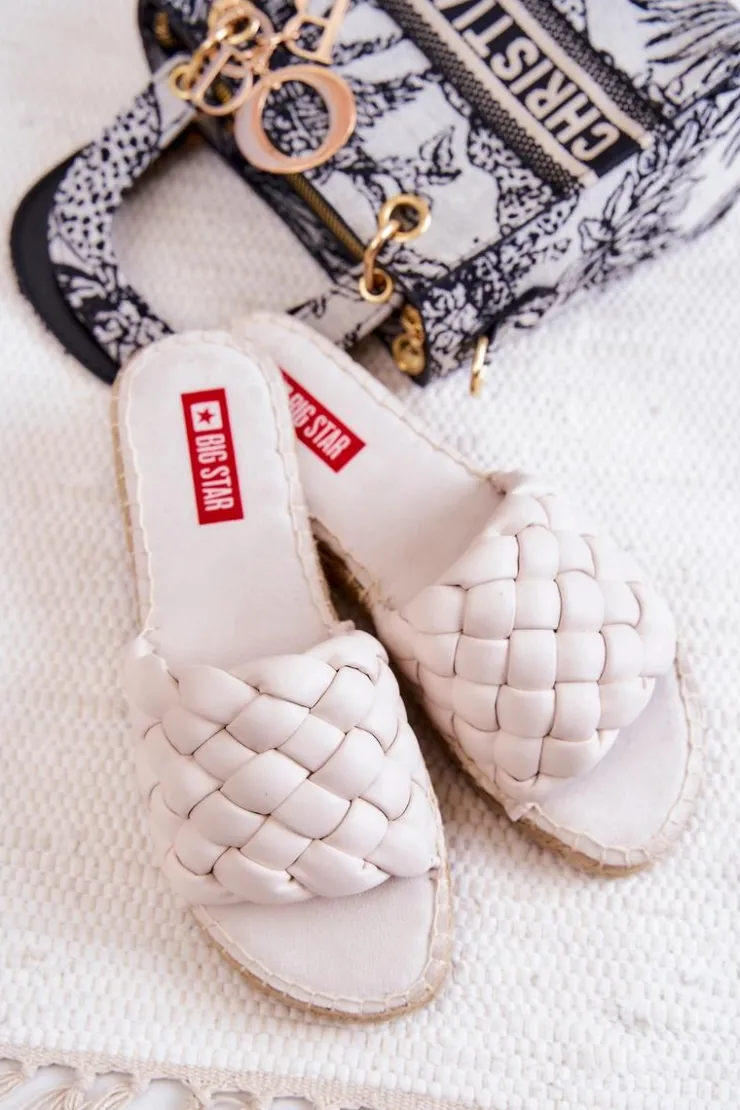 Big Star Shoes Klapki Damskie Big Star|Klapki Damskie Klasyczne*Skórzane Plecione Klapki Big Star JJ274922 Beżowe