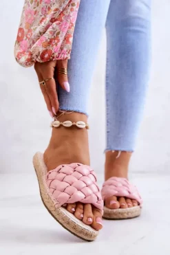 Big Star Shoes Klapki Damskie Big Star|Klapki Damskie Klasyczne*Skórzane Plecione Klapki Big Star JJ274921 Różowe Różowy