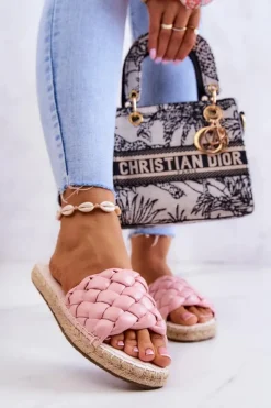 Big Star Shoes Klapki Damskie Big Star|Klapki Damskie Klasyczne*Skórzane Plecione Klapki Big Star JJ274921 Różowe Różowy