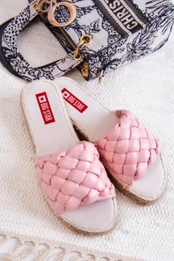 Big Star Shoes Klapki Damskie Big Star|Klapki Damskie Klasyczne*Skórzane Plecione Klapki Big Star JJ274921 Różowe Różowy