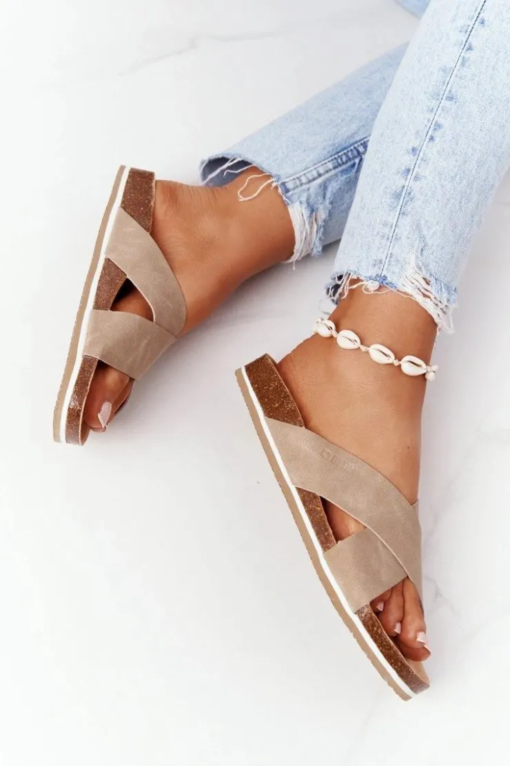 Big Star Shoes Klapki Damskie Klasyczne*Skórzane Profilowane Klapki Big Star HH274593 Beżowe