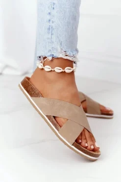 Big Star Shoes Klapki Damskie Klasyczne*Skórzane Profilowane Klapki Big Star HH274593 Beżowe