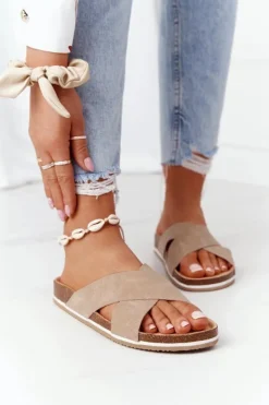 Big Star Shoes Klapki Damskie Klasyczne*Skórzane Profilowane Klapki Big Star HH274593 Beżowe