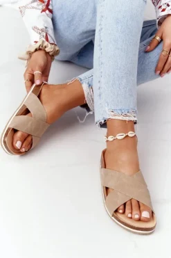 Big Star Shoes Klapki Damskie Klasyczne*Skórzane Profilowane Klapki Big Star HH274593 Beżowe