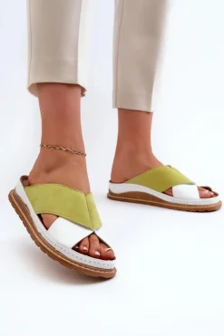 Damskie Maciejka Skórzane Profilowane Klapki 04986-11 Limonkowe