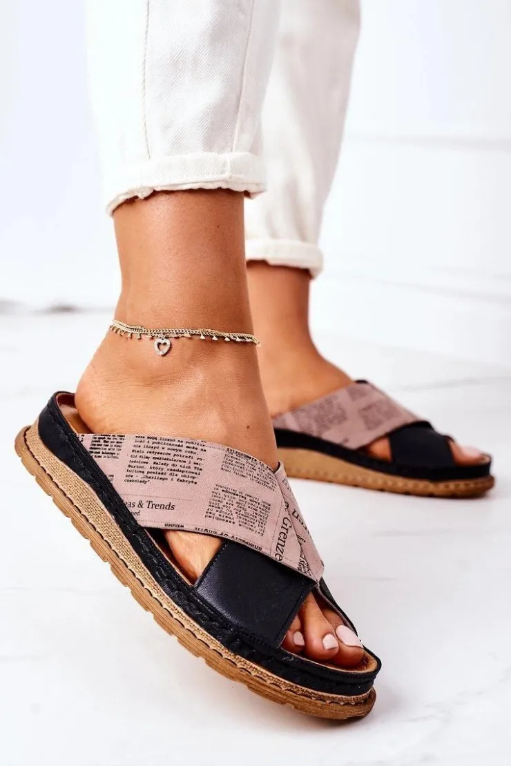 Maciejka Klapki Damskie Klasyczne*Skórzane Profilowane Klapki 04986-01 Czarno-Brązowe