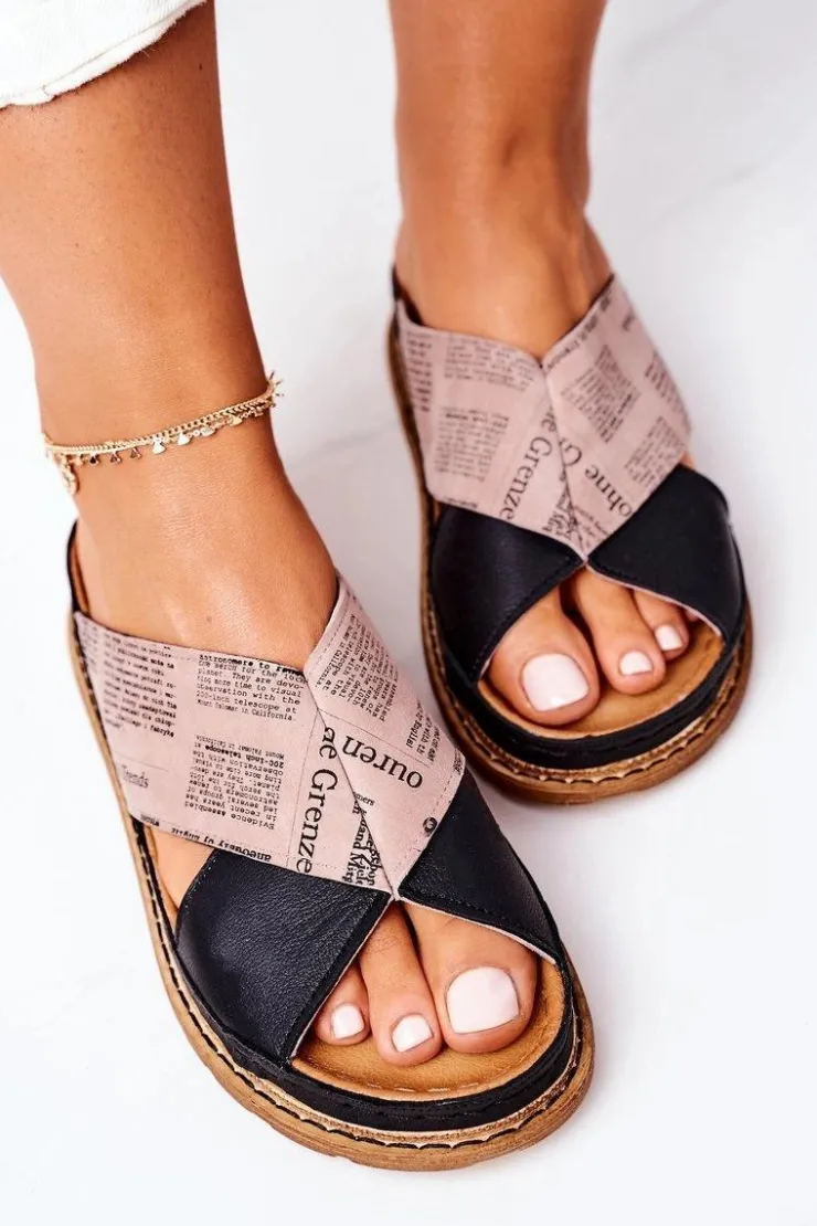 Maciejka Klapki Damskie Klasyczne*Skórzane Profilowane Klapki 04986-01 Czarno-Brązowe