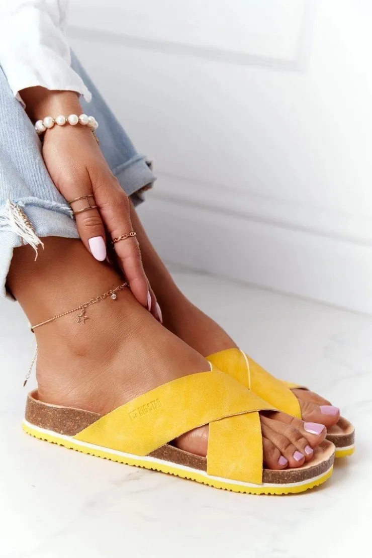 Damskie Big Star Shoes Skórzane Profilowane Klapki Big Star HH274596 Żółte