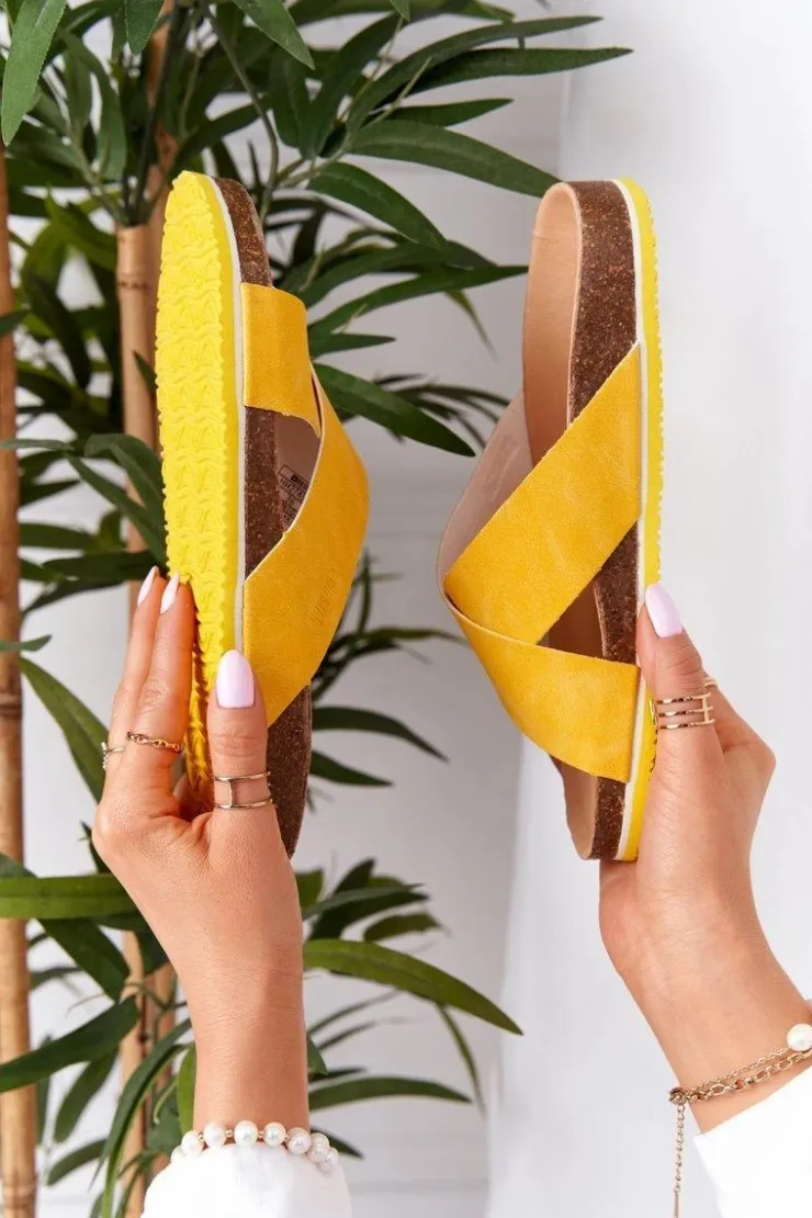 Damskie Big Star Shoes Skórzane Profilowane Klapki Big Star HH274596 Żółte