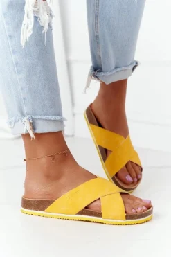 Damskie Big Star Shoes Skórzane Profilowane Klapki Big Star HH274596 Żółte