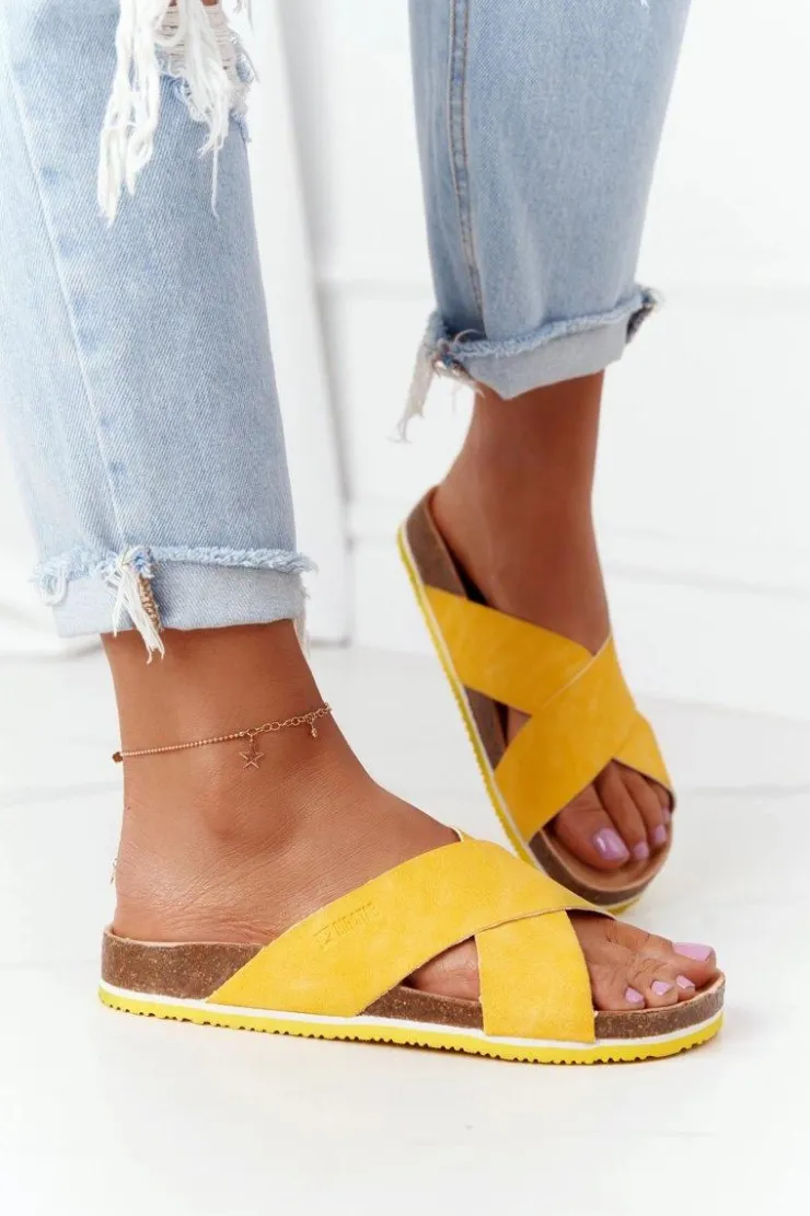 Damskie Big Star Shoes Skórzane Profilowane Klapki Big Star HH274596 Żółte