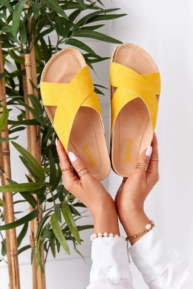 Damskie Big Star Shoes Skórzane Profilowane Klapki Big Star HH274596 Żółte