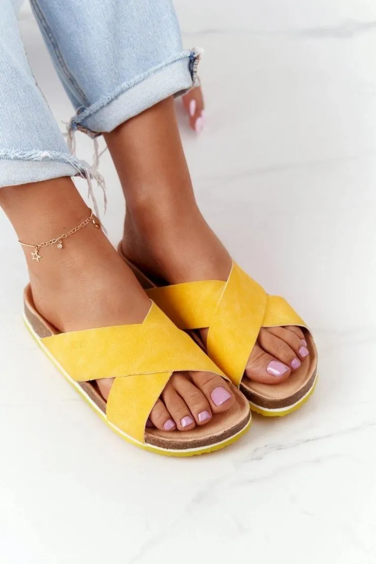 Damskie Big Star Shoes Skórzane Profilowane Klapki Big Star HH274596 Żółte