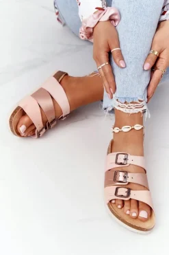 Big Star Shoes Klapki Damskie Klasyczne*Skórzane Profilowane Klapki Big Star HH274586 Różowo-Miedziane