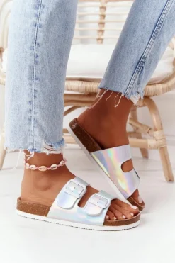 Damskie Big Star Shoes Skórzane Profilowane Klapki Big Star HH274895 Srebrne