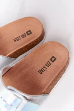 Damskie Big Star Shoes Skórzane Profilowane Klapki Big Star HH274895 Srebrne