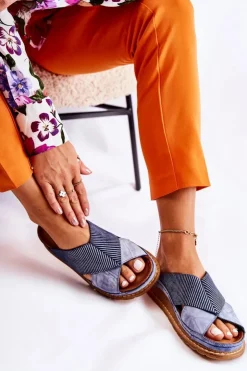 Damskie Maciejka Skórzane Profilowane Klapki 04986-17 Niebieskie