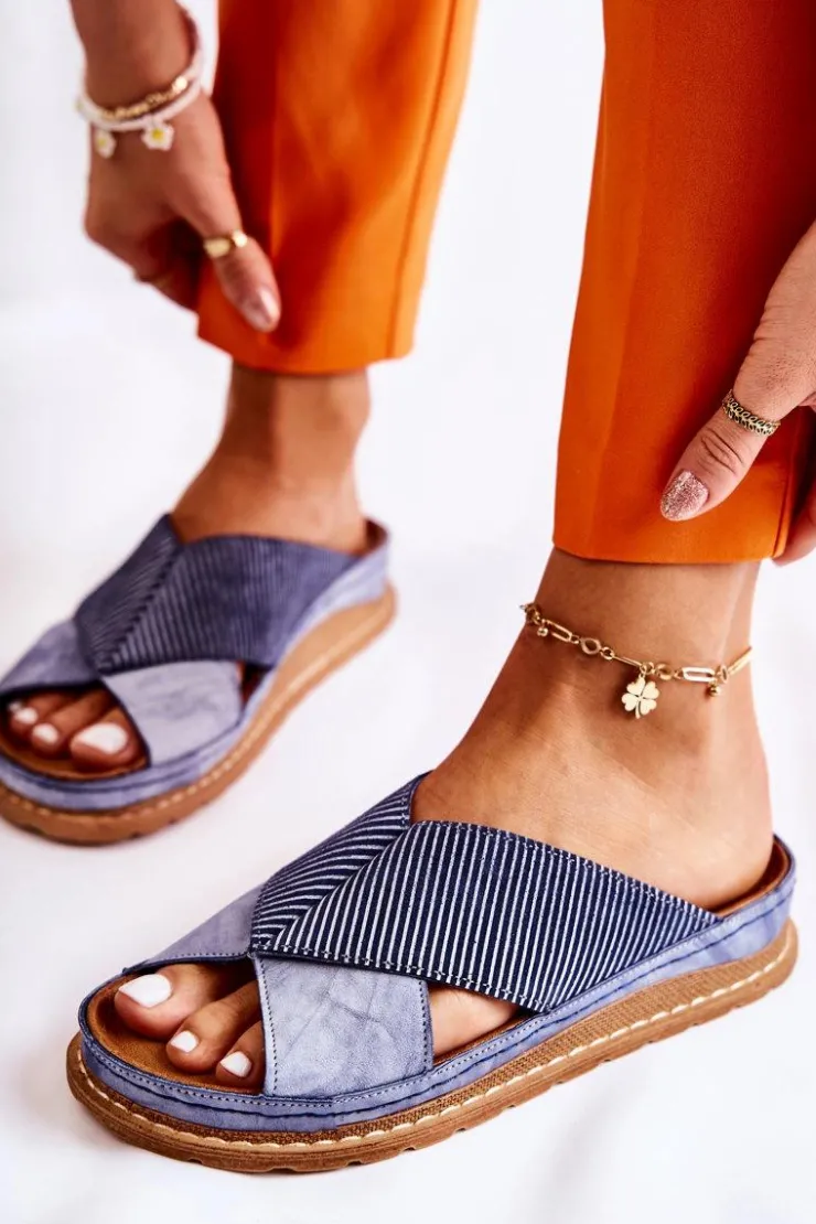 Damskie Maciejka Skórzane Profilowane Klapki 04986-17 Niebieskie