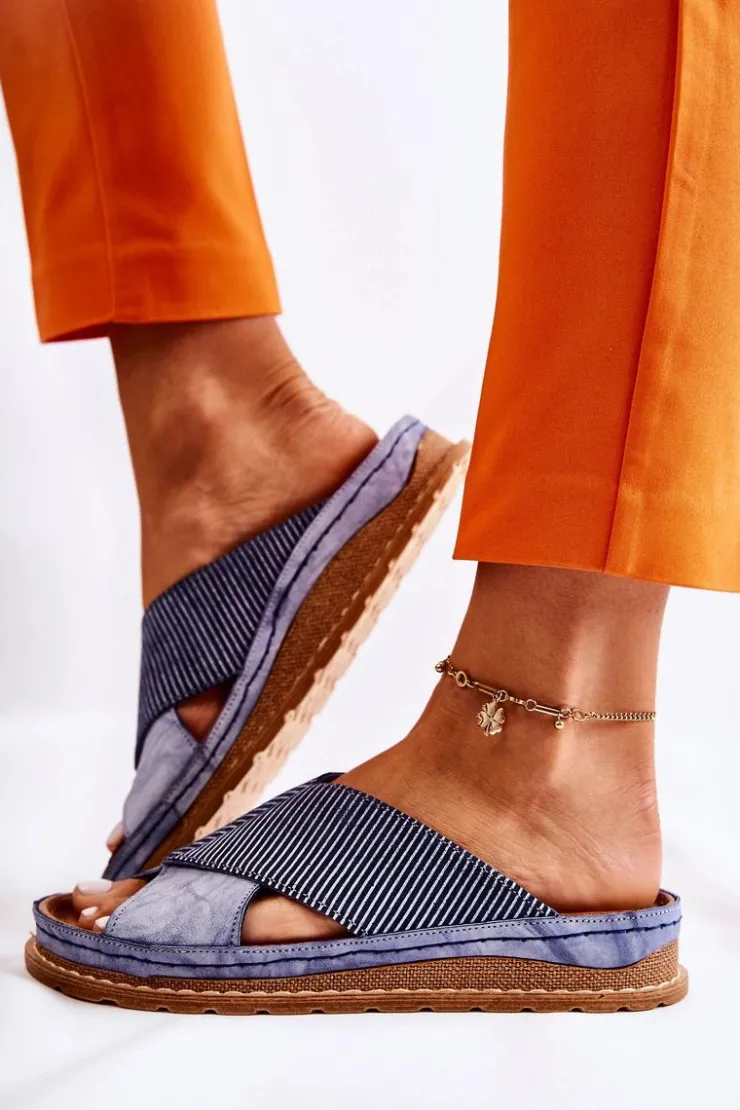 Damskie Maciejka Skórzane Profilowane Klapki 04986-17 Niebieskie