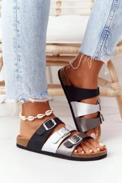 Online Big Star Shoes Skórzane Profilowane Klapki Big Star HH274588 Czarno-Srebrne