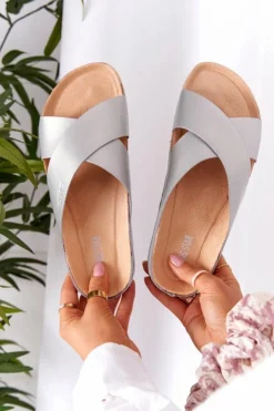 Big Star Shoes Klapki Damskie Klasyczne*Skórzane Profilowane Klapki Big Star HH274650 Srebrne