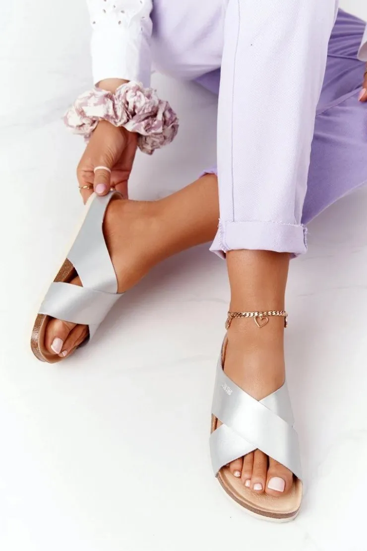 Big Star Shoes Klapki Damskie Klasyczne*Skórzane Profilowane Klapki Big Star HH274650 Srebrne