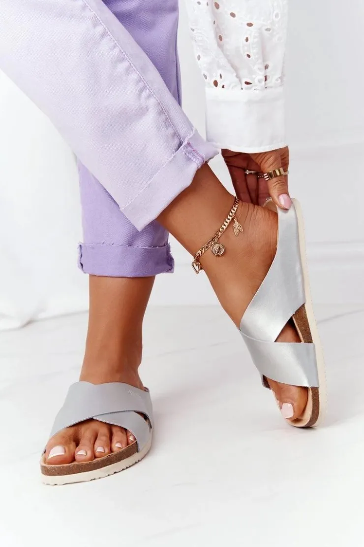 Big Star Shoes Klapki Damskie Klasyczne*Skórzane Profilowane Klapki Big Star HH274650 Srebrne