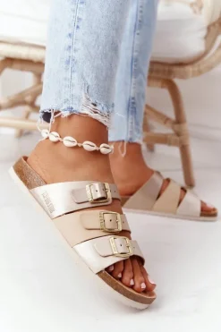 New Big Star Shoes Skórzane Profilowane Klapki Big Star HH274585 Beżowo-Złote