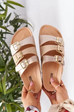 New Big Star Shoes Skórzane Profilowane Klapki Big Star HH274585 Beżowo-Złote