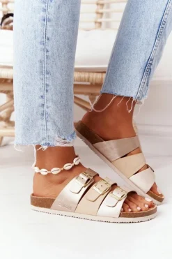 New Big Star Shoes Skórzane Profilowane Klapki Big Star HH274585 Beżowo-Złote