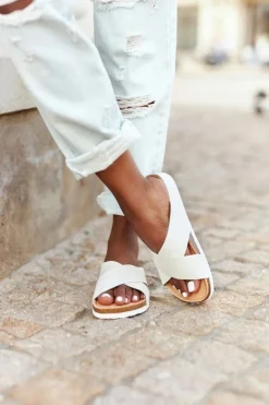 Damskie Big Star Shoes Skórzane Profilowane Klapki Big Star HH274647 Białe