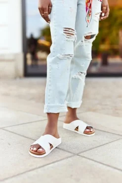 Damskie Big Star Shoes Skórzane Profilowane Klapki Big Star HH274647 Białe