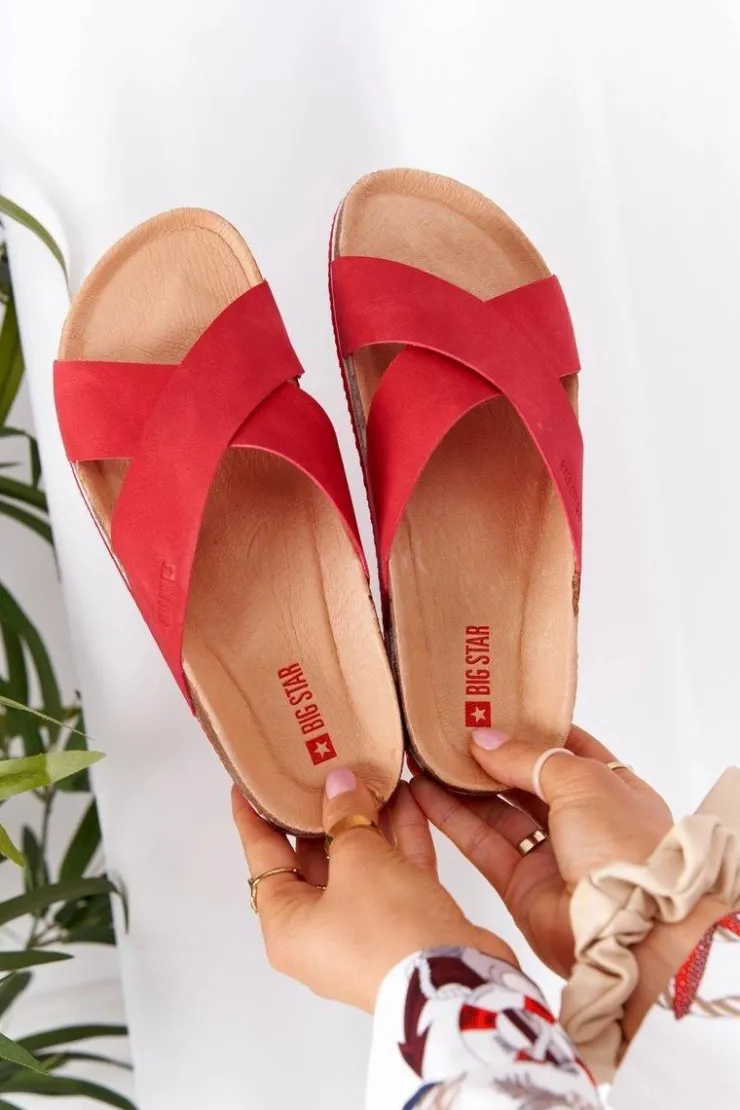 Big Star Shoes Klapki Damskie Klasyczne*Skórzane Profilowane Klapki Big Star HH274598 Czerwone