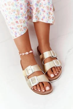 Hot Big Star Shoes Skórzane Profilowane Klapki Big Star HH274896 Złote