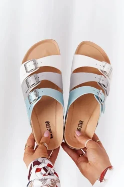 Damskie Big Star Shoes Skórzane Profilowane Klapki Big Star HH274587 Turkusowo-Srebrne