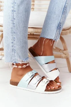 Damskie Big Star Shoes Skórzane Profilowane Klapki Big Star HH274587 Turkusowo-Srebrne