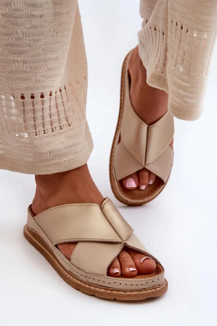 Maciejka Skórzane Profilowane Klapki 04986-04 Złoto-Beżowe