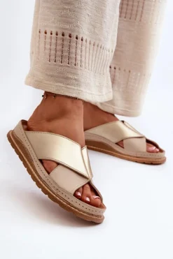 Maciejka Skórzane Profilowane Klapki 04986-04 Złoto-Beżowe