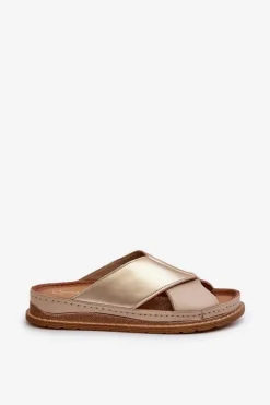 Maciejka Skórzane Profilowane Klapki 04986-04 Złoto-Beżowe