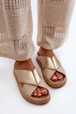 Maciejka Skórzane Profilowane Klapki 04986-04 Złoto-Beżowe