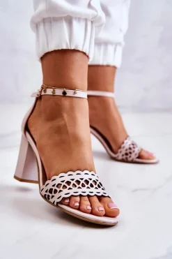 Damskie Boto Skórzane Sandałki Ażurowe Lewski 2869 Perłowy Róż