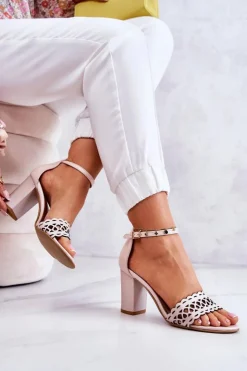 Damskie Boto Skórzane Sandałki Ażurowe Lewski 2869 Perłowy Róż