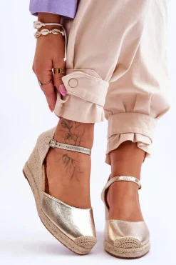 Damskie Boto Skórzane Sandałki Espadryle Na Koturnie Złote Cammer