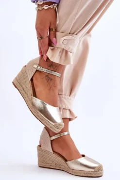 Damskie Boto Skórzane Sandałki Espadryle Na Koturnie Złote Cammer