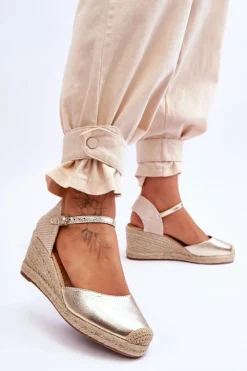 Damskie Boto Skórzane Sandałki Espadryle Na Koturnie Złote Cammer