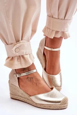 Damskie Boto Skórzane Sandałki Espadryle Na Koturnie Złote Cammer